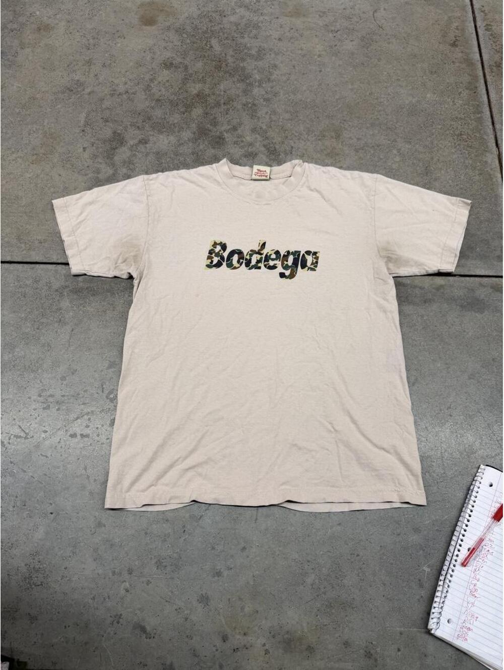 vintage bodega beige and camo spell out shirt size medium HAS STAINS